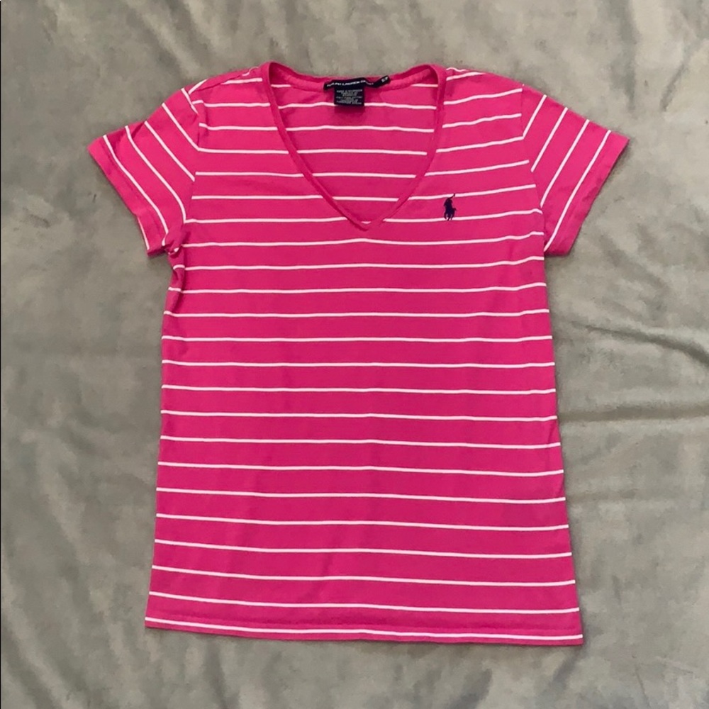 Ralph Lauren Sport - V Neck Pink & White Tee